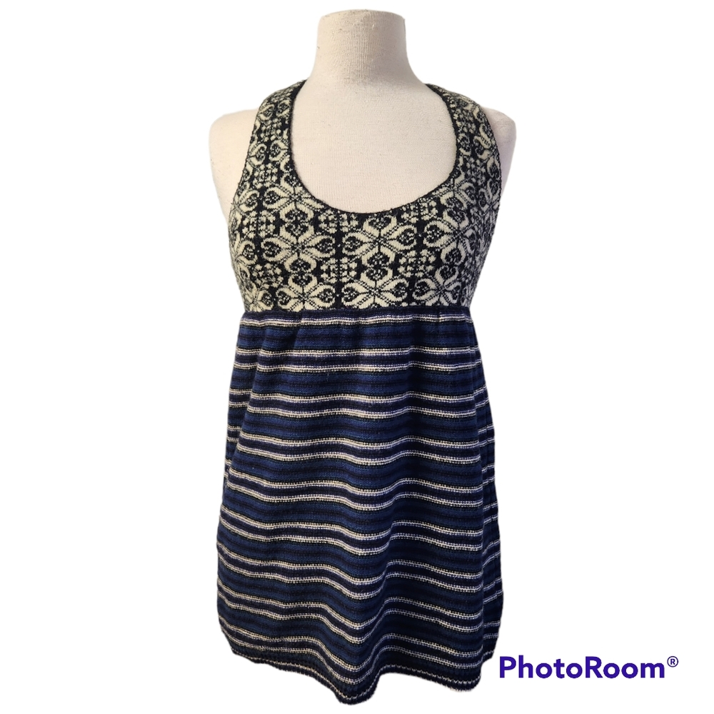 FREE PEOPLE FAIR ISLE WOOL TUNIC MINI DRESS TANK TOP BLUE STRIPE SIZE SMALL EUC